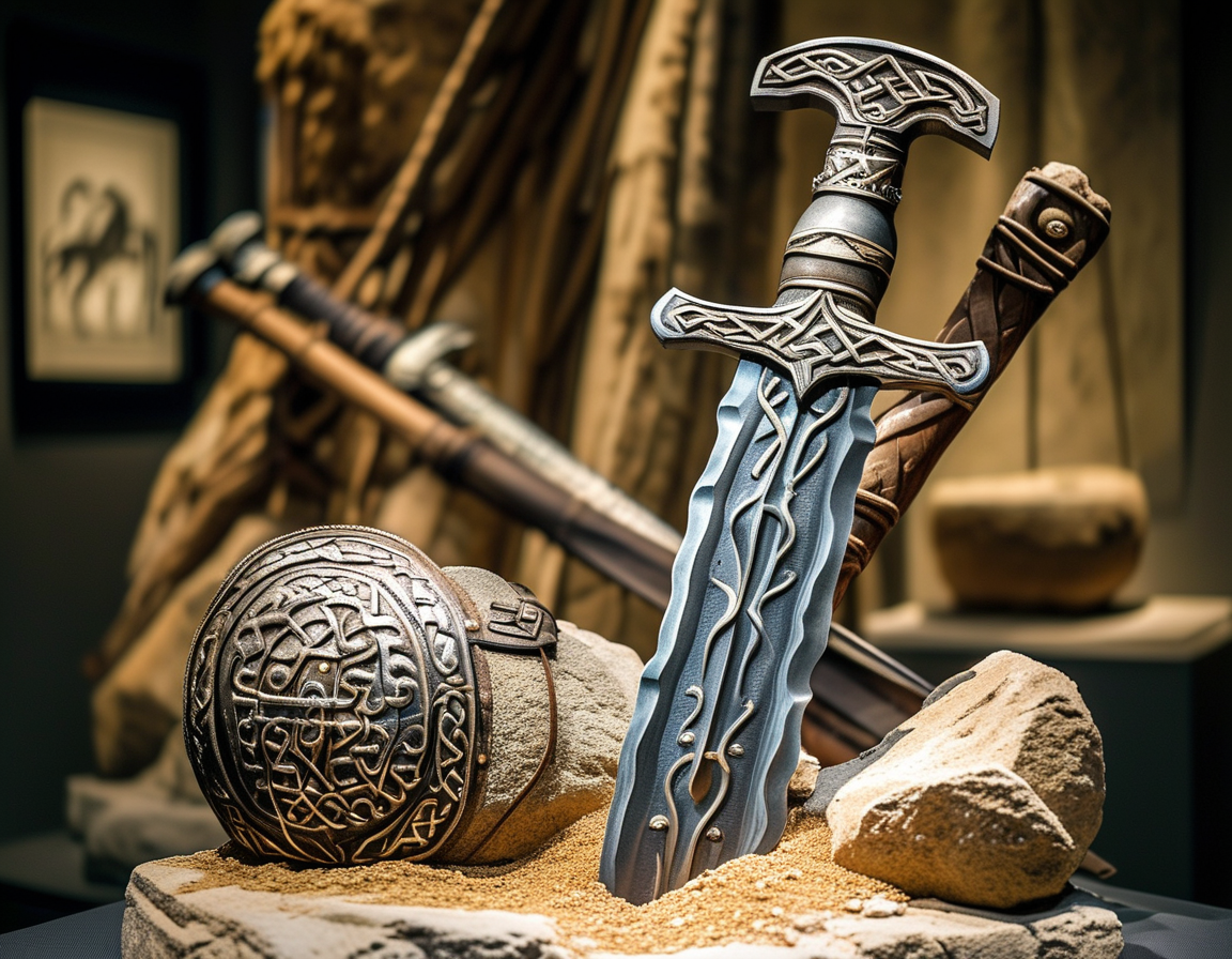 An excavation site revealing a Viking sword and remnants of an ancient settlement, showcasing the intricate craftsmanship and historical significance of these discoveries.