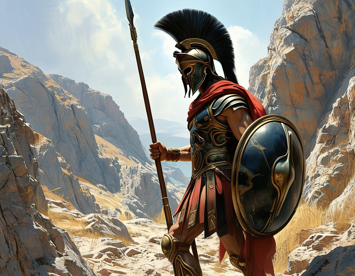 A Spartan warrior in full armor stands firm, holding a spear and shield, exemplifying the military prowess and discipline of ancient Sparta against a backdrop of the rugged Spartan landscape.