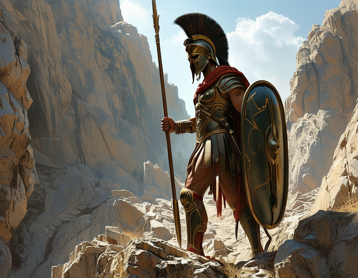 An artistic representation of the Battle of Thermopylae, with King Leonidas and his 300 Spartans bravely facing a much larger Persian army, symbolizing courage and sacrifice.
