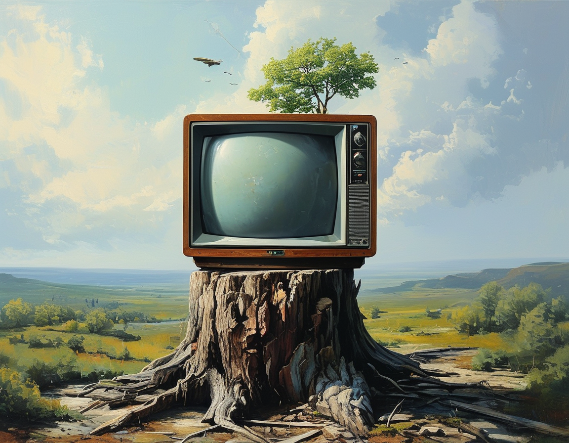 A striking visual shows a television set oddly perched atop a tree stump, emphasizing the intrusion of technology into the natural world and the desolate landscape surrounding it.