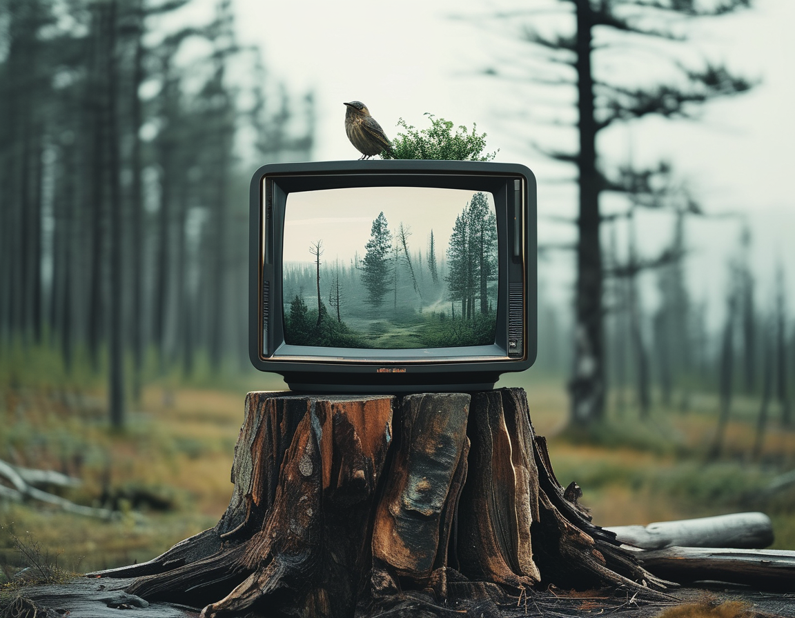 The barren landscape around the TV features dry earth with no greenery, symbolizing the lost connection to nature as people become engrossed in artificial environments.