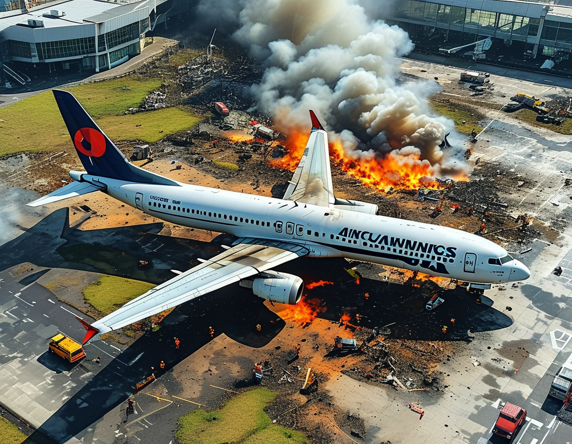 An aerial view of Muan International Airport, where the Jeju Air Boeing 737-800 crash-landed, surrounded by dark smoke and emergency responders at the scene.