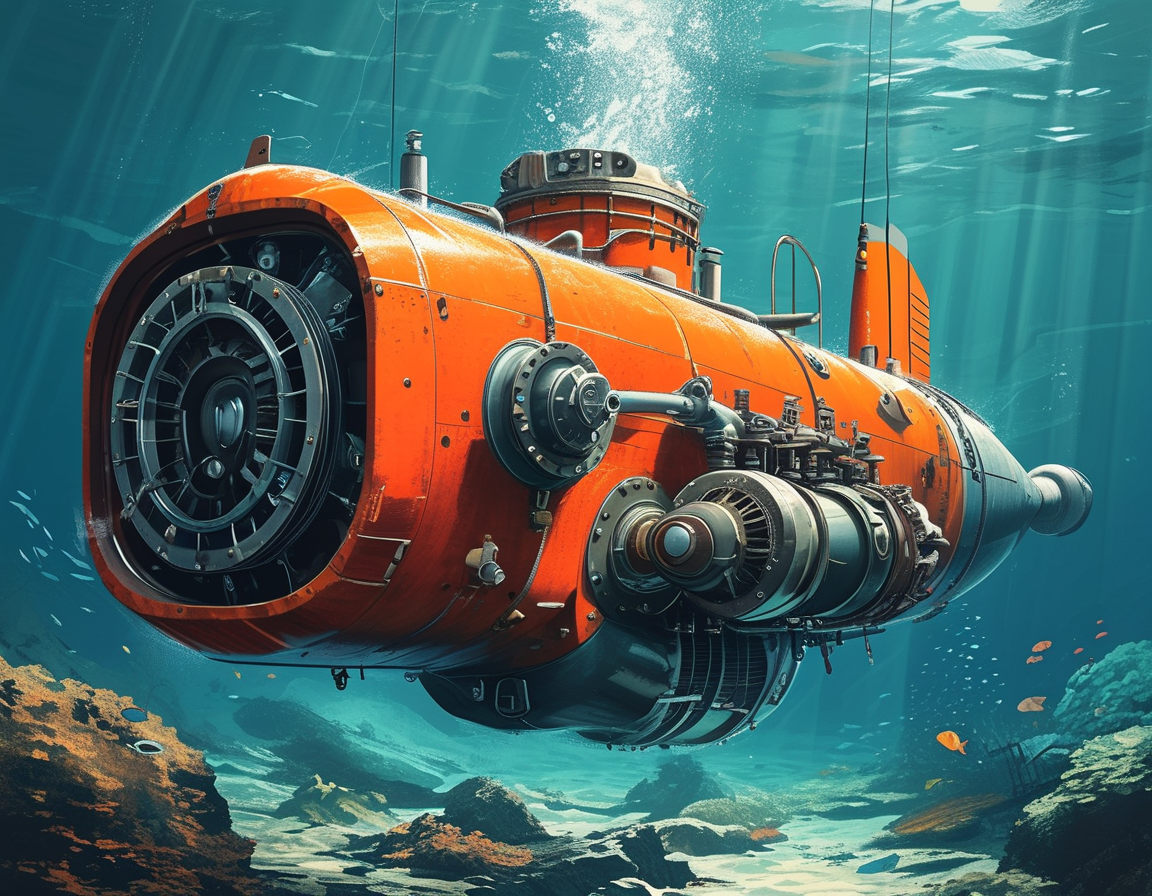A vintage illustration of early underwater engine designs, featuring a submersible alongside modern underwater exploration technologies, demonstrating the evolution of maritime engineering.