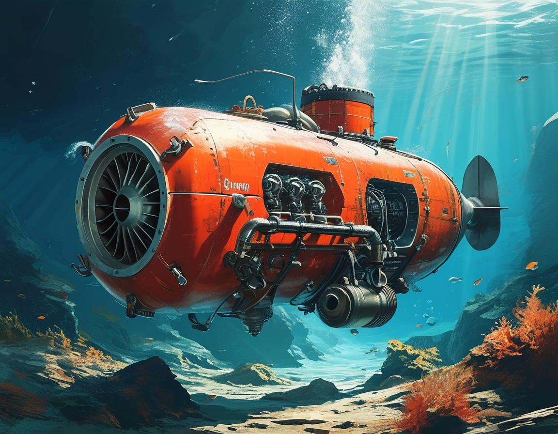 An engineer working on a modern underwater engine inside a laboratory, with blueprints and advanced technology surrounding them, portraying the future of underwater exploration.