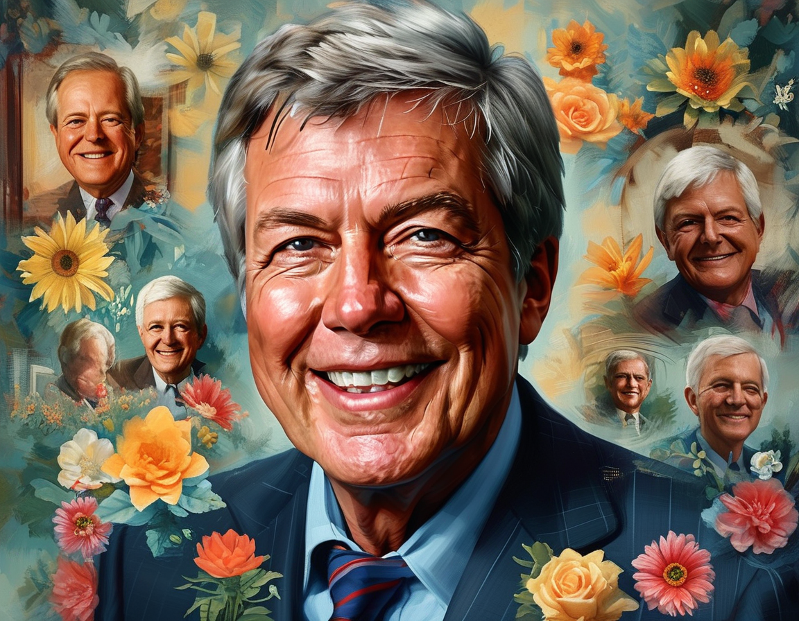 A portrait of Jimmy Carter, smiling warmly, surrounded by images symbolizing peace, human rights, and his work with The Carter Center.
