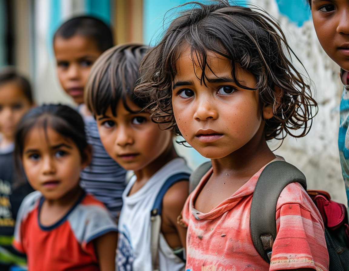 A poignant image of a dark alley in Colombia with graffiti depicting a hopeful message of peace, contrasting the harsh realities faced by children in armed conflict areas.