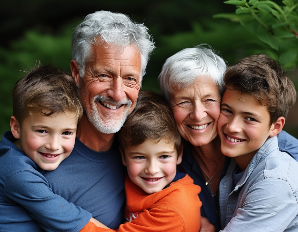 A portrait of Dennis Perry smiling with his grandchildren, symbolizing joy and resilience after his wrongful conviction. Their embrace showcases the importance of family and healing.