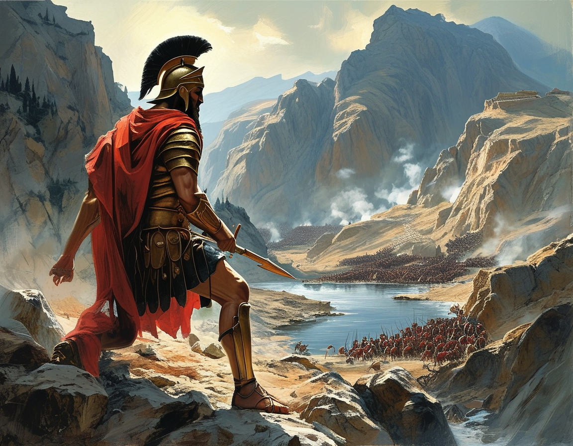 A dramatic illustration of the Battle of Thermopylae, showing King Leonidas leading 300 Spartans in their final stand against a massive Persian army, surrounded by stark mountain terrain.