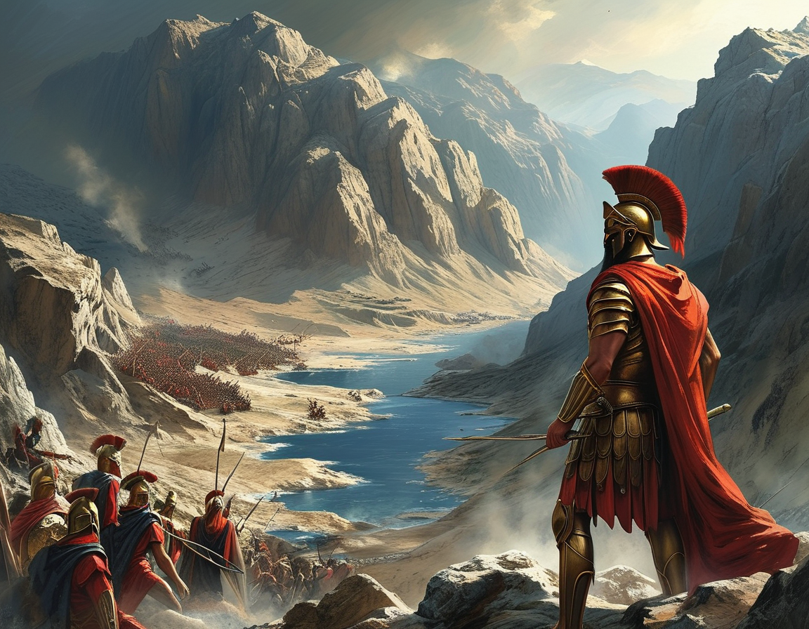 An artistic depiction of the narrow pass at Thermopylae, filled with Greek soldiers preparing for battle, embodying camaraderie and determination against overwhelming odds.