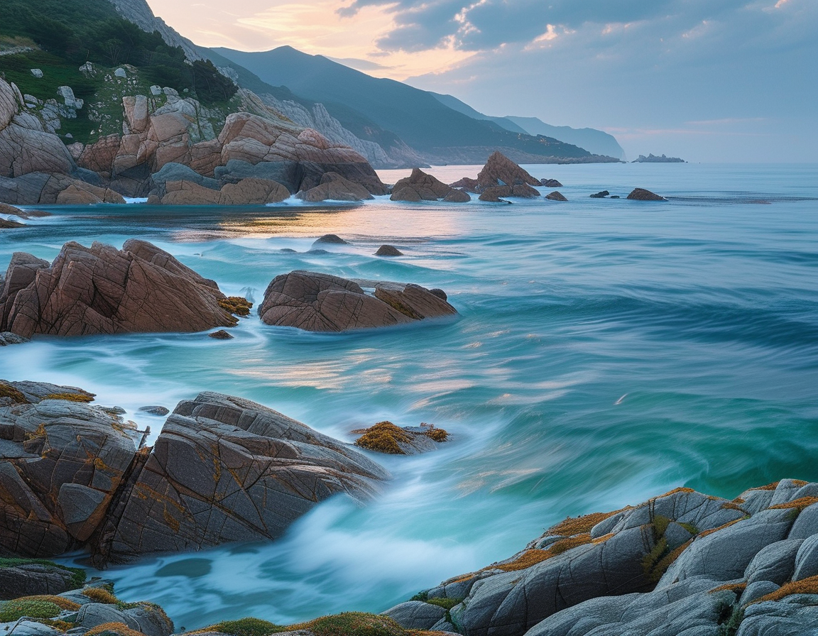 A picturesque coastal scene in Northern Spain, with waves gently crashing on rocky shores, where a shimmering figure resembling a mermaid can be seen swimming, evoking the magic of folklore.