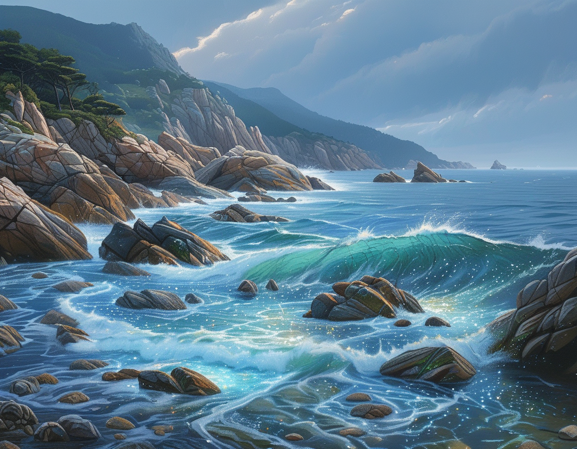 Local fishermen animatedly sharing mermaid tales while sitting on a dock, with the enchanting backdrop of the sea, bringing the legacy of their grandparents to life amidst skepticism and wonder.