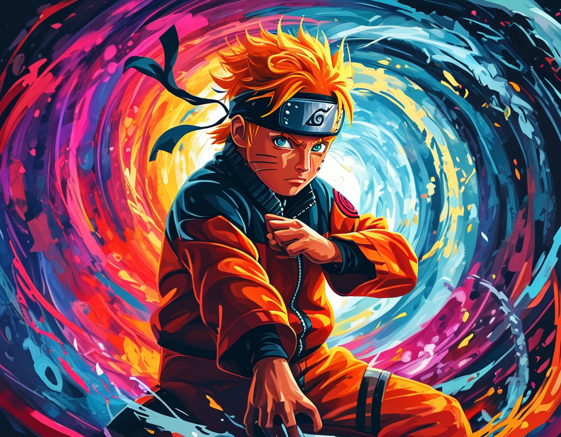 An illustrated representation of Naruto Uzumaki in a dynamic battle stance, showcasing his youthful determination and ninja skills against a vibrant background.