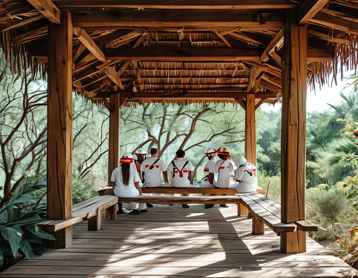 A group of first responders sharing their stories under a wooden pergola in a serene Mexican villa, depicting vulnerability and the search for healing.