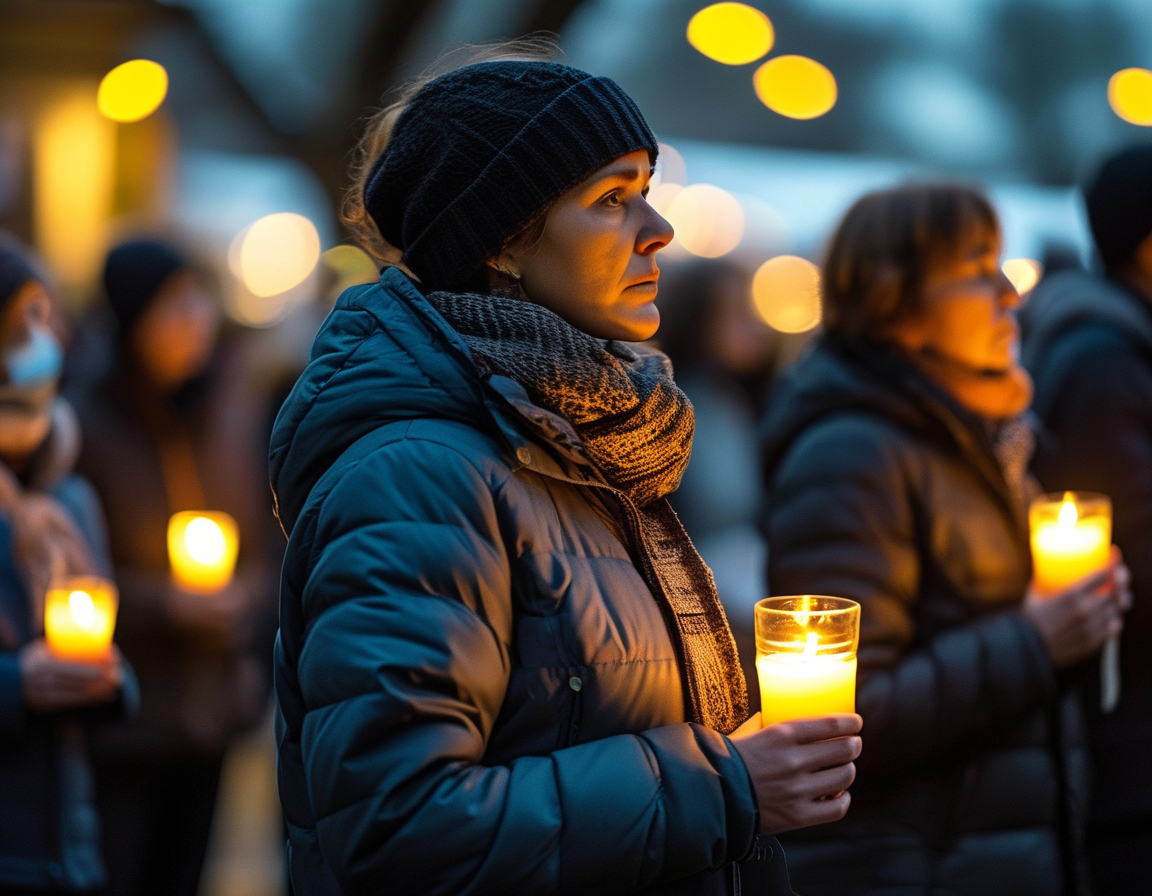 A concerned community member holds a candle at a vigil for domestic violence awareness, symbolizing support for victims and the urgent need for societal change.