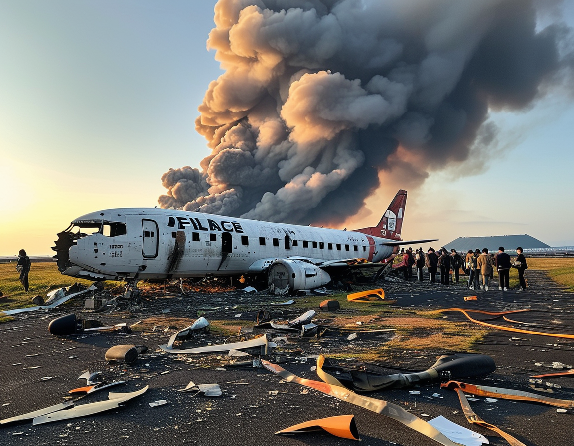 An image showing the aftermath of the Jeju Air plane crash, with emergency responders and debris scattered on the runway, smoke rising, and grieving families in the background.