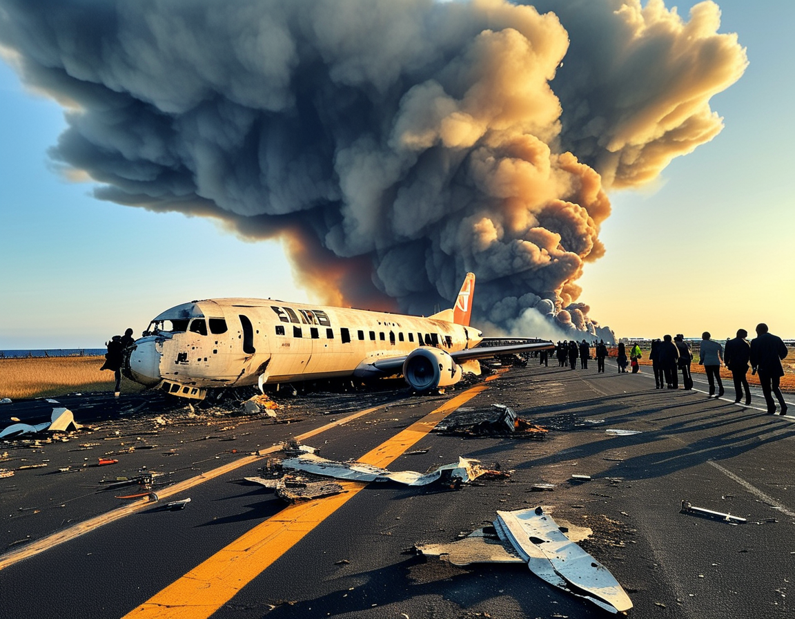 A haunting image of the wreckage of the Boeing 737-800 surrounded by emergency personnel, illustrating the devastating impact of the bird strike on the aircraft.