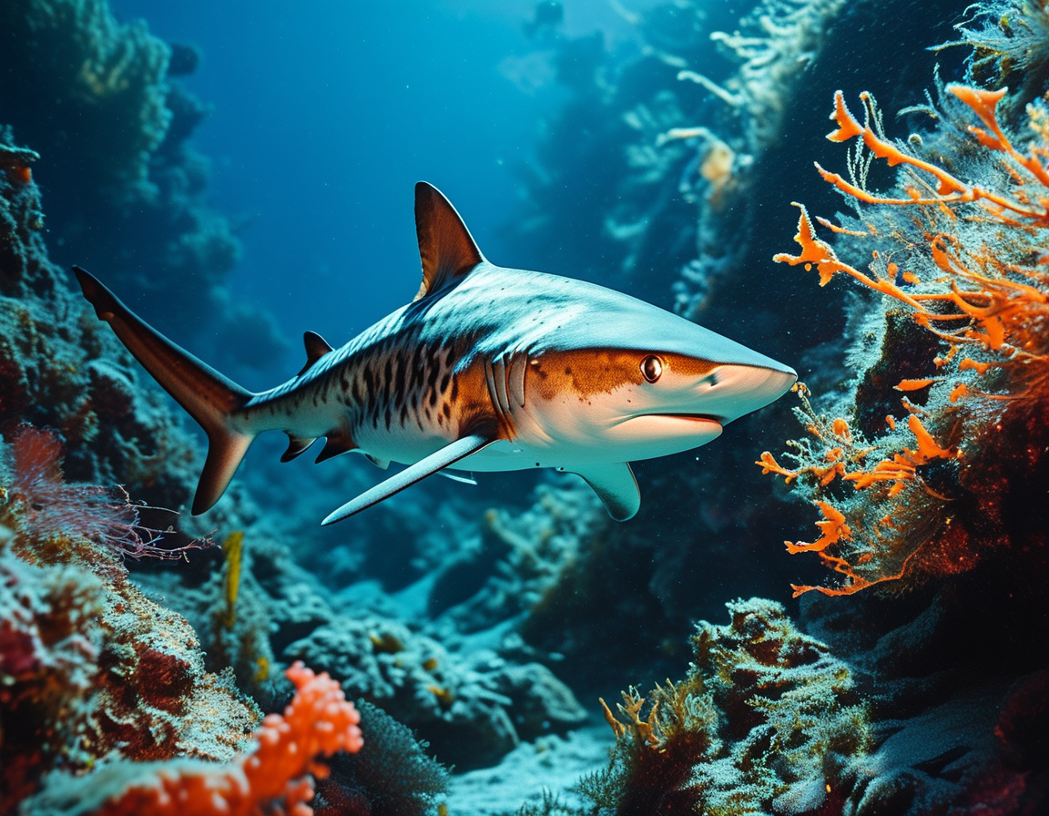 A deep-sea scene showing the roughskin dogfish shark swimming gracefully among vibrant corals and other marine life, captured by remote underwater cameras.
