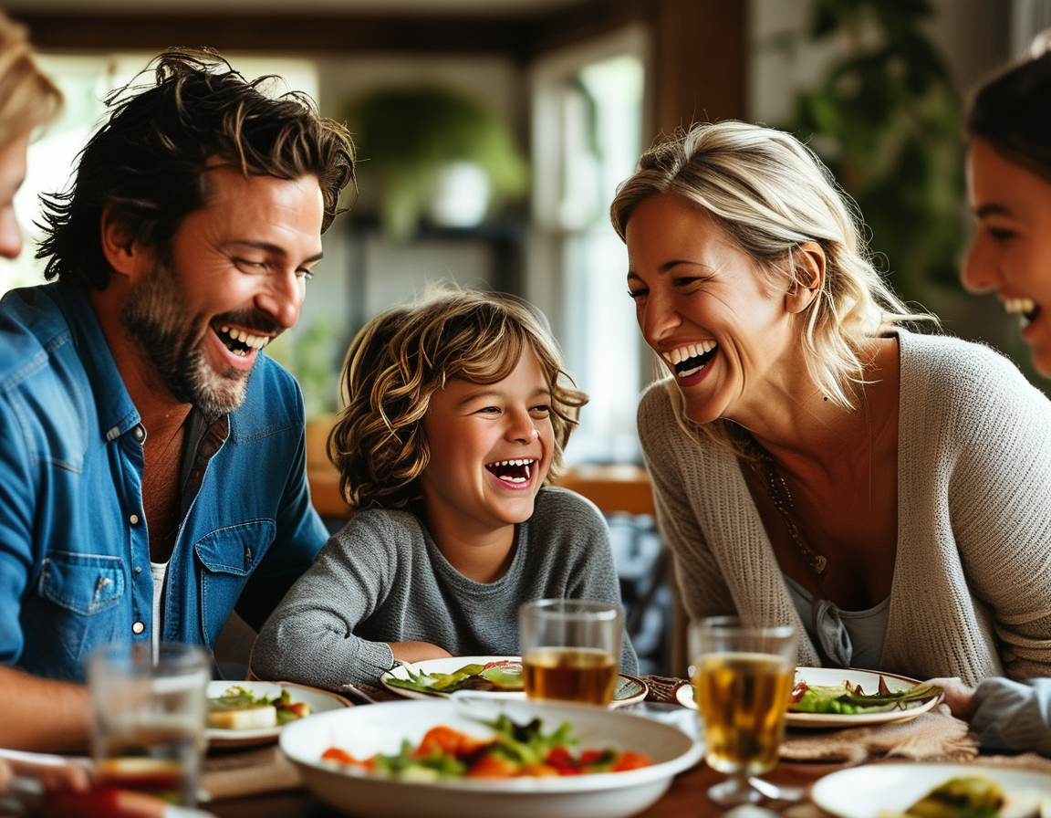 A family gathered around a dinner table, engaged in lively conversation, with joy and laughter showcasing the importance of sharing moments and stories together.