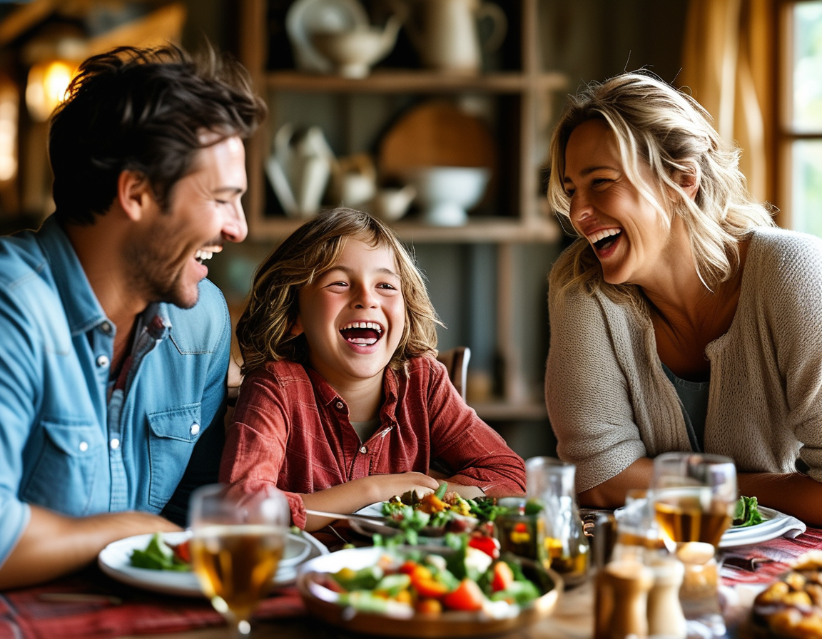 An image of a father, mother, and children listening to each other attentively at the dinner table, emphasizing conversation as a way to strengthen familial bonds.