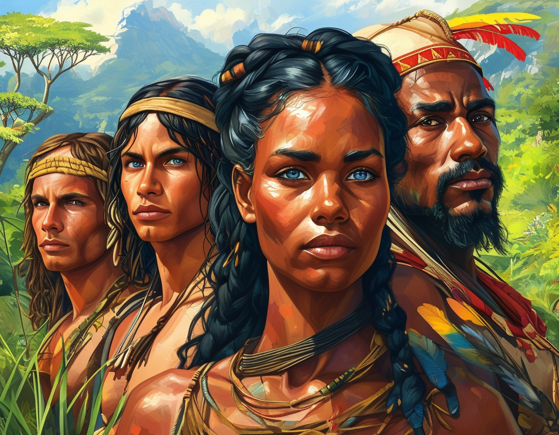 An illustration depicting ancient European hunter-gatherers with dark skin and blue eyes, showcasing their vibrant and diverse appearance against a backdrop of a lush, prehistoric landscape, suggesting a rich cultural life.