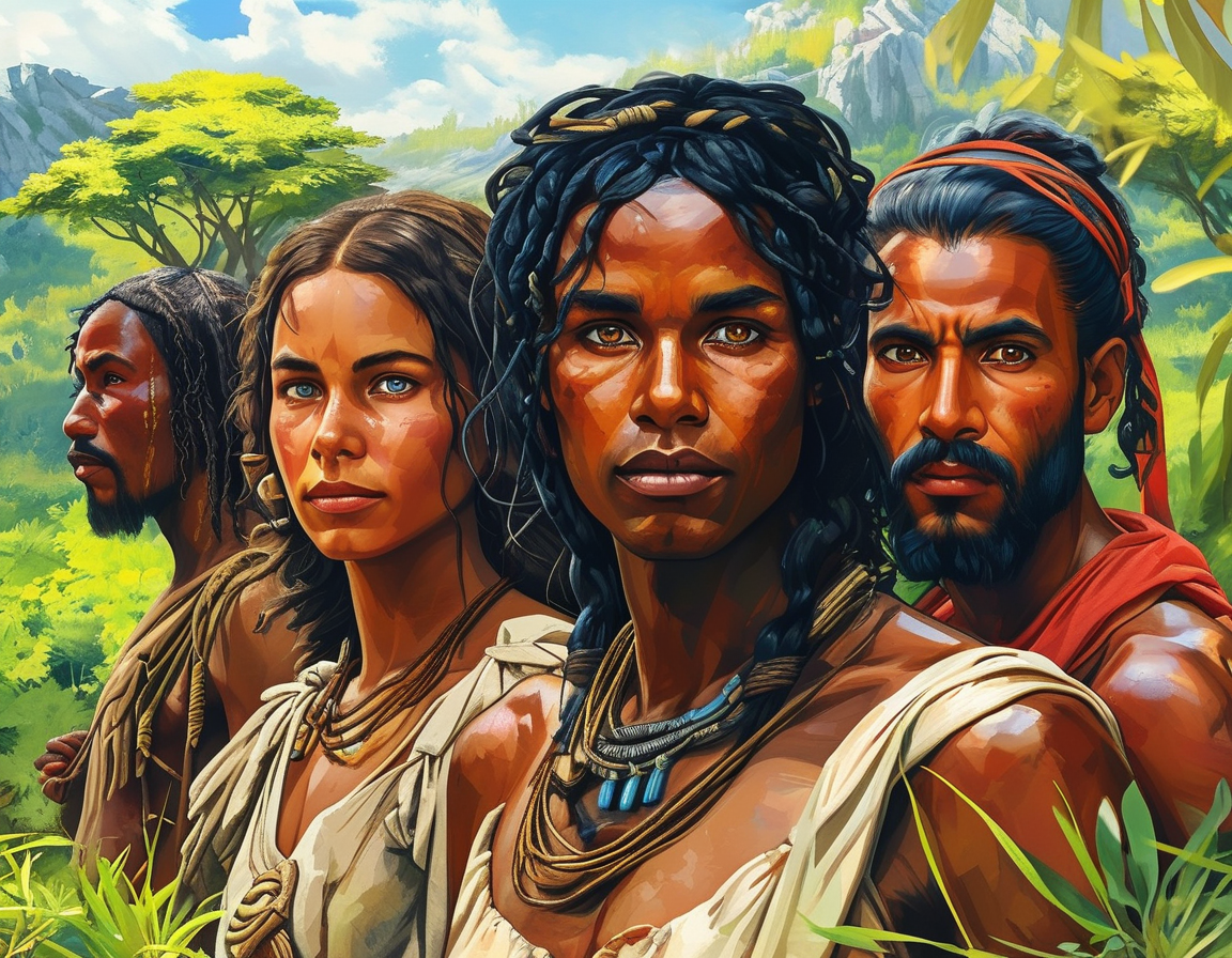 A detailed artwork capturing the daily life of ancient Europeans, featuring people engaged in hunting and gathering with varied skin tones, highlighting their community dynamics and environmental adaptations.