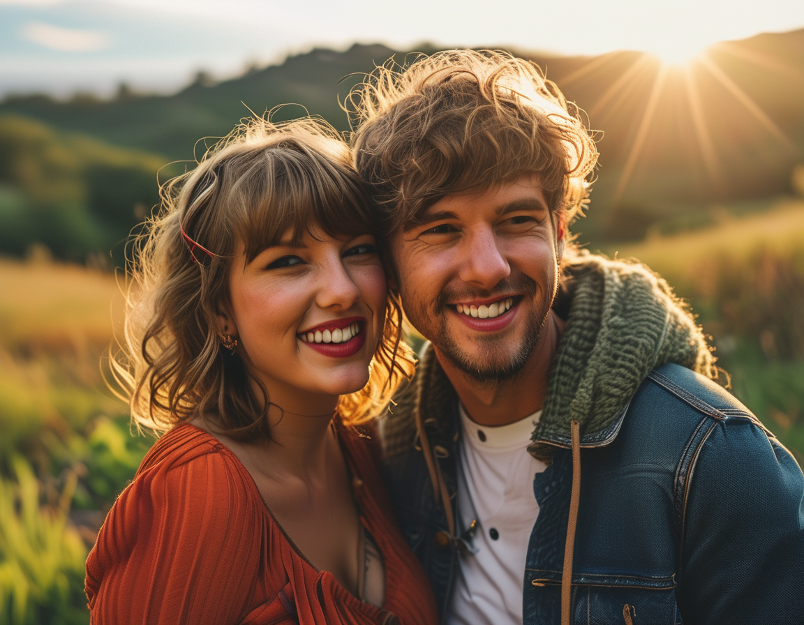 A vibrant snapshot of Taylor Swift and Travis Kelce smiling and enjoying a sunny day together at a picturesque outdoor event, showcasing their joy and connection amidst a beautiful backdrop.