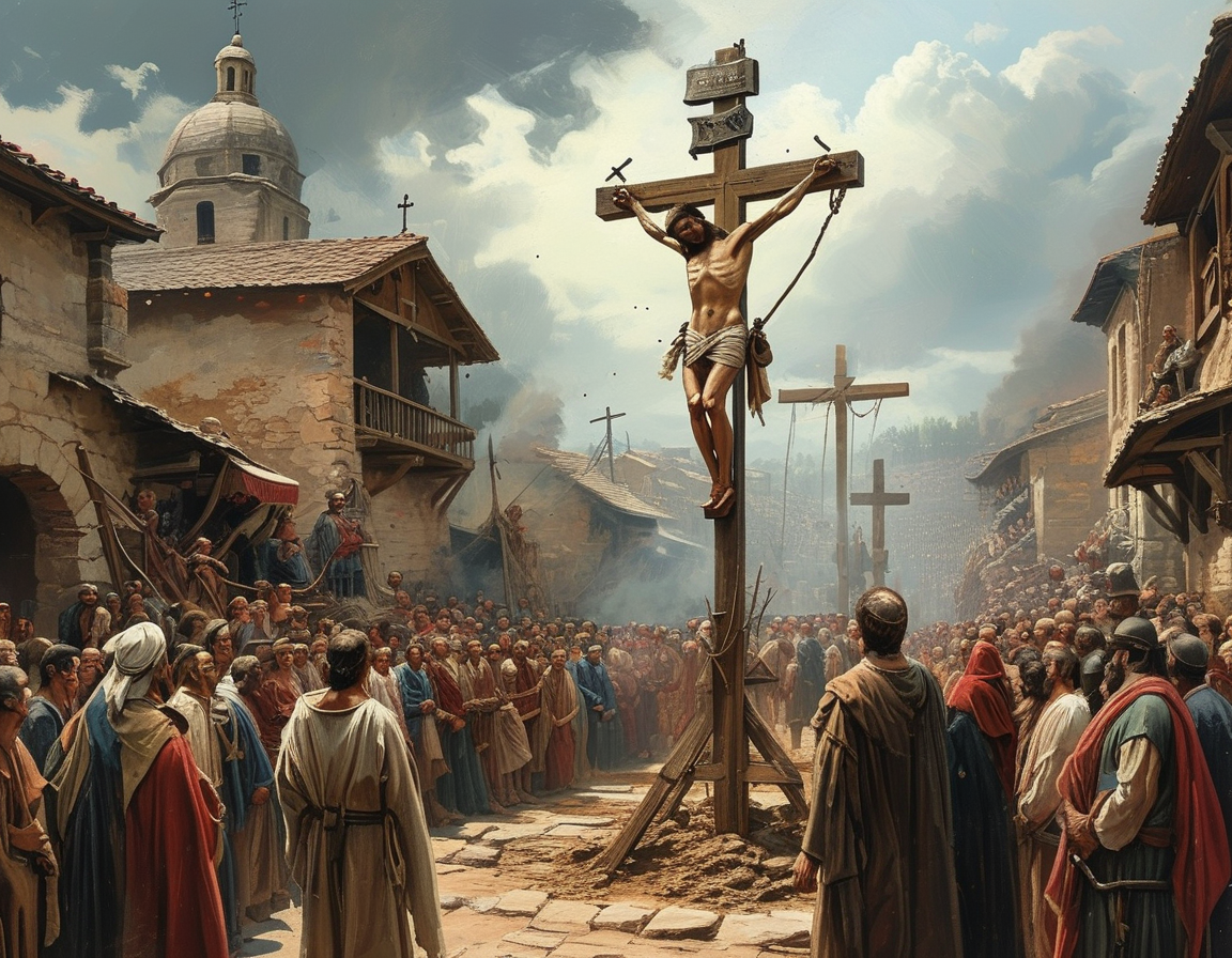 A haunting depiction of an ancient execution scene, showcasing the brutality of capital punishment methods like crucifixion and impalement, surrounded by a crowd engaged in the grim spectacle.