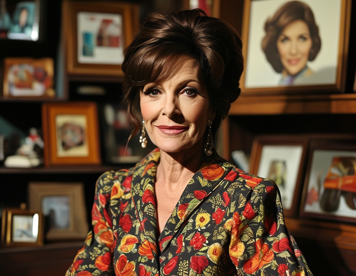 A portrait of Linda Lavin smiling warmly, dressed in a vintage outfit reminiscent of the 1970s, surrounded by memorabilia from her career in theater and television.