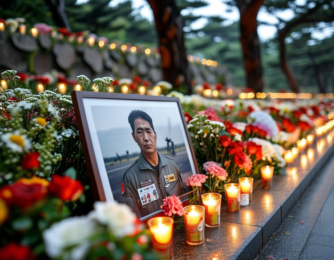 A poignant memorial setup displaying photos of the 179 victims of the Jeju Air crash, surrounded by flowers and candles, serving as a haunting reminder of the tragedy.