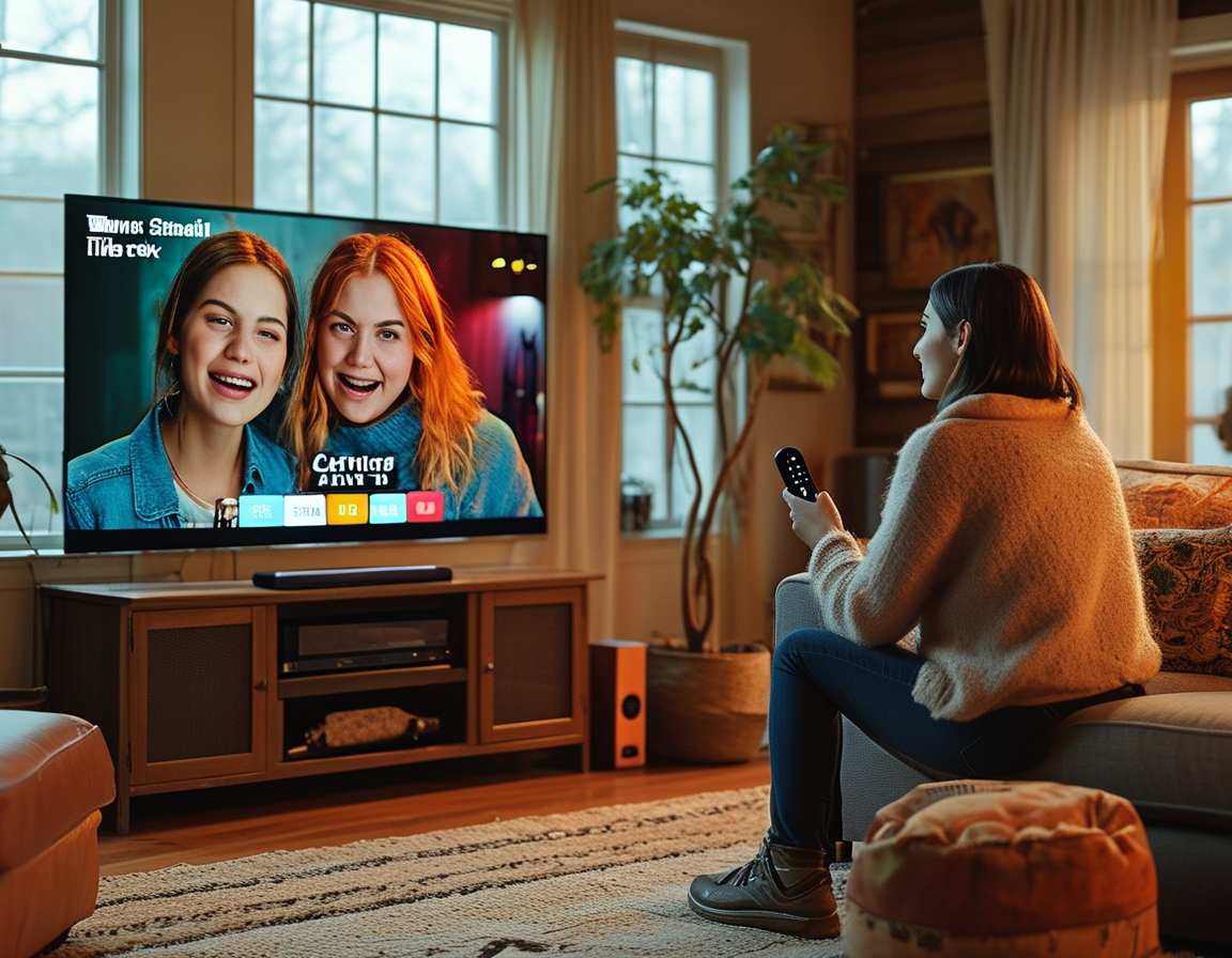 A cozy living room with a person holding a remote, watching Apple TV+ on a large screen, showcasing the excitement of a streaming weekend with a warm ambiance. Shows like 'Bad Sisters' and 'Silo' can be seen on the screen.