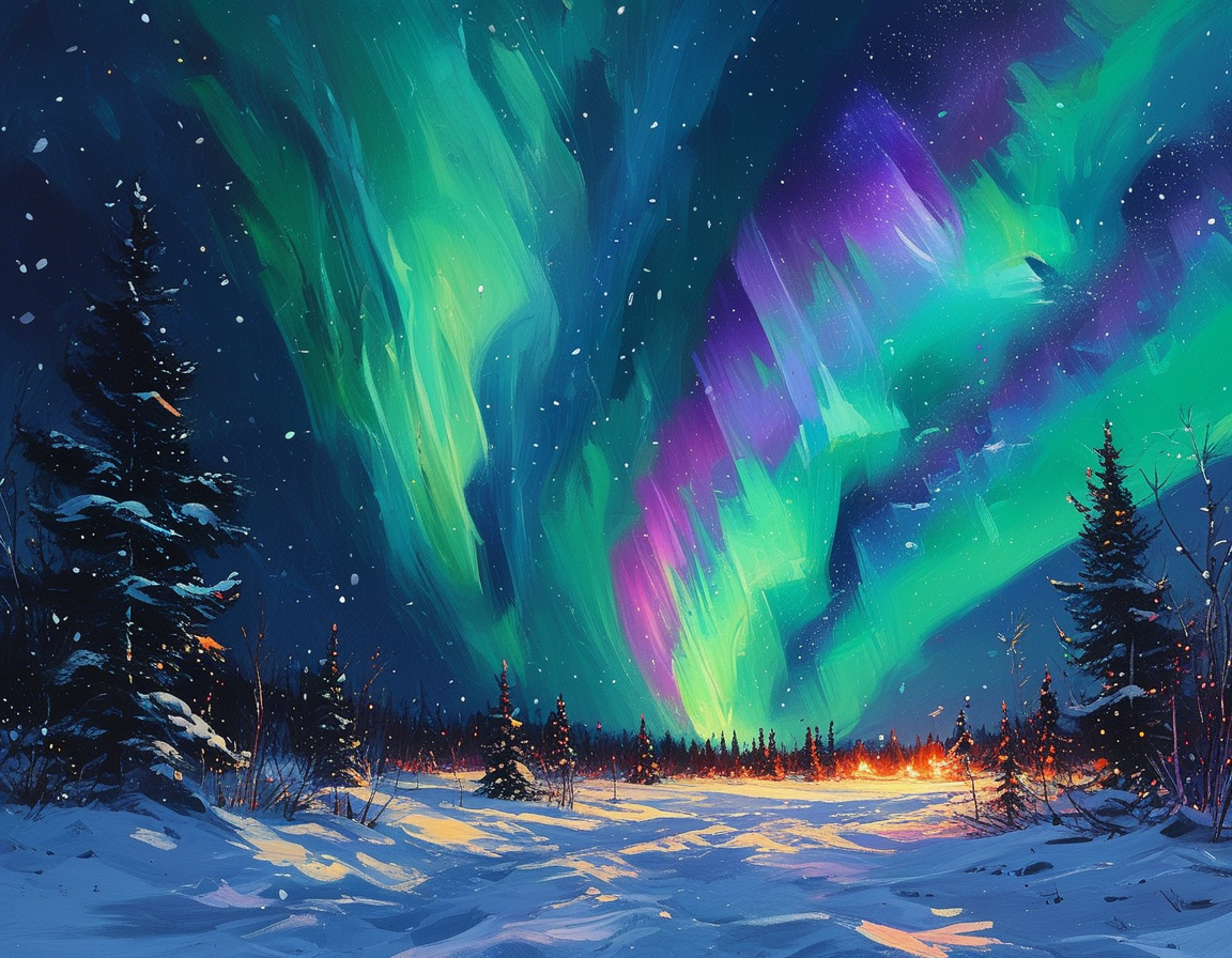 A breathtaking view of the northern lights illuminating a dark sky, with vibrant greens and purples dancing above a snowy landscape, capturing the essence of a New Year's celebration.