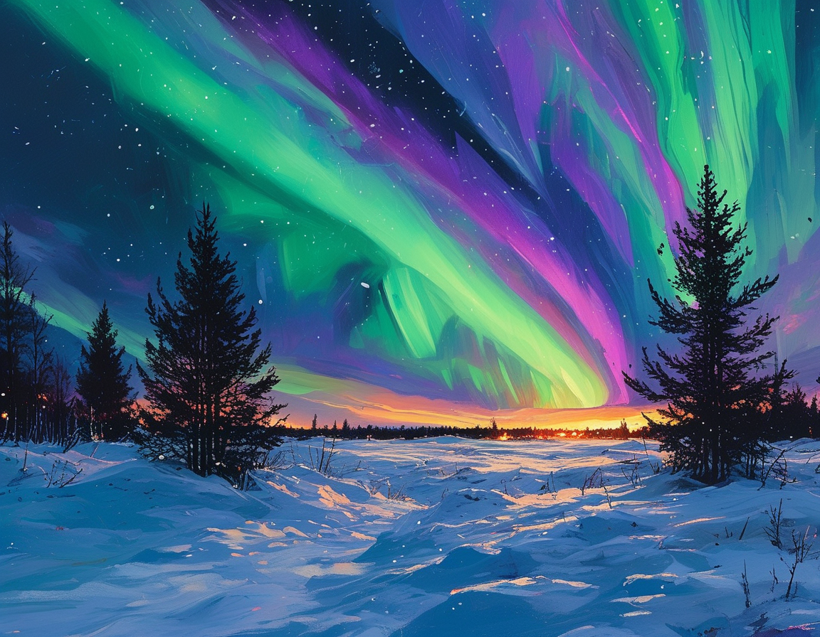 A group of people gathered outside under a starry sky, pointing upward with awe as the northern lights swirl in vibrant colors, showcasing the beauty of nature on New Year's Eve.