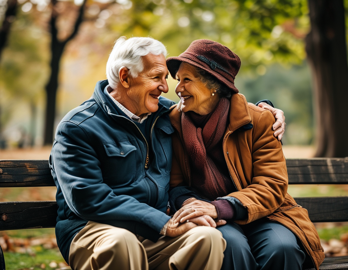 An elderly couple, Jimmy and Rosalynn Carter, smiling warmly at each other while sitting on a park bench, embodying love and companionship after 78 years of marriage.