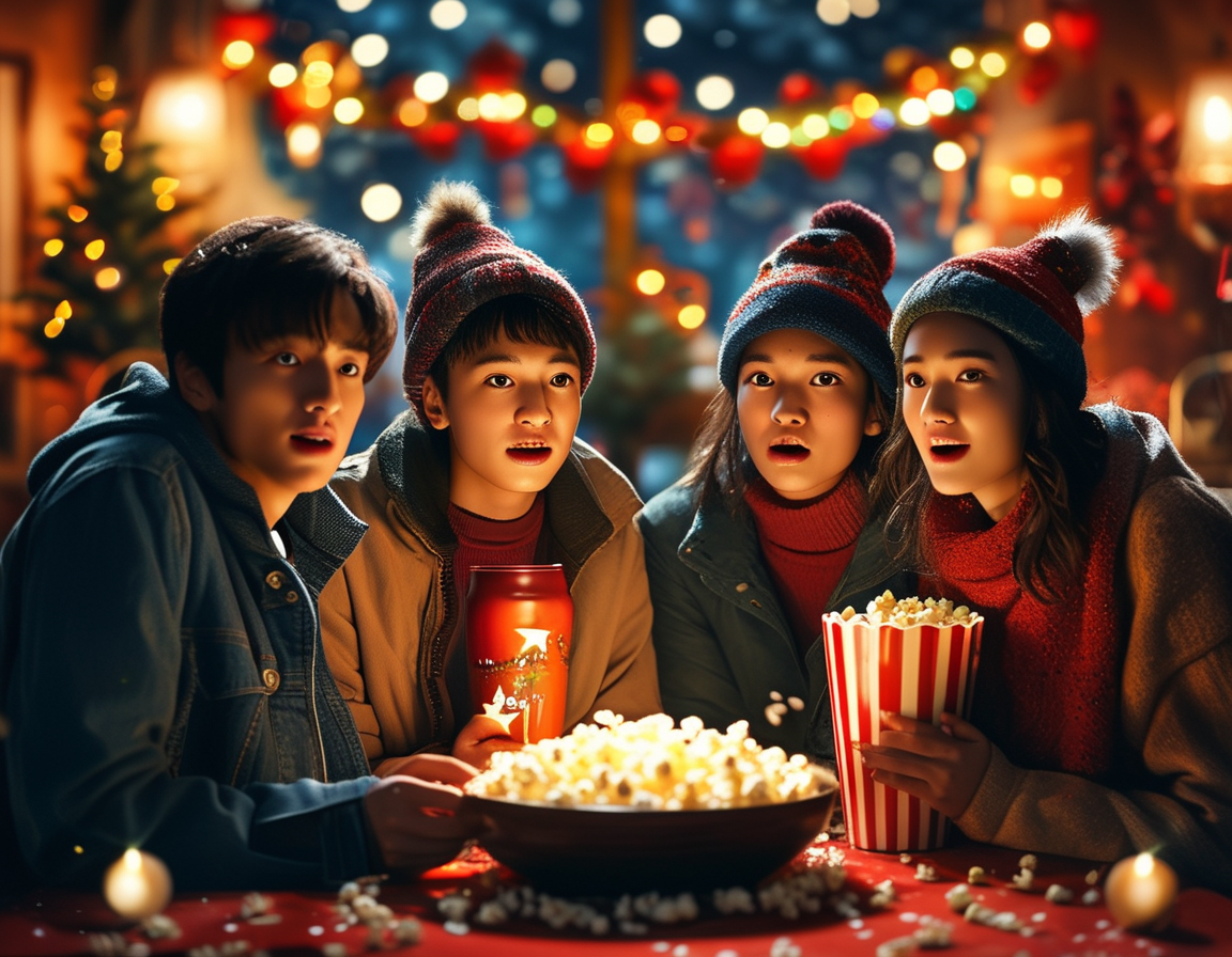 A cozy movie night scene with friends gathered around a TV, popcorn in hand, and New Year's decorations in the background, creating a festive atmosphere perfect for countdown celebrations.