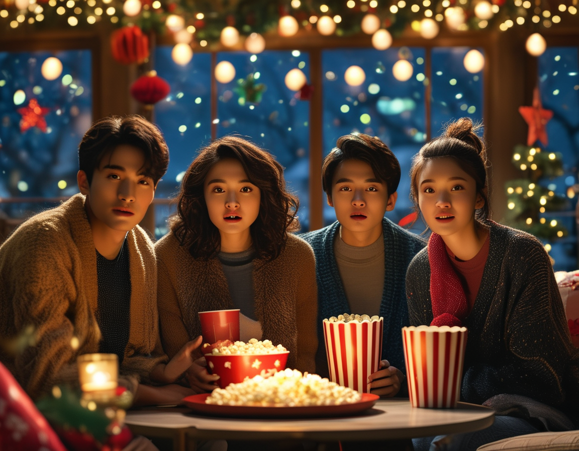 A diverse group of friends laughing and watching a classic film together, surrounded by fairy lights and a countdown clock, capturing the joyful spirit of New Year's Eve.