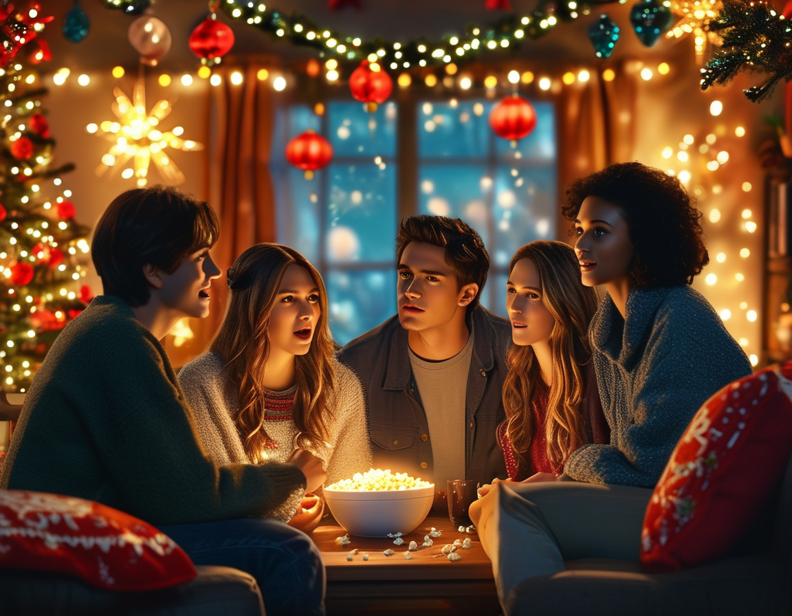 A stack of New Year's themed movie DVDs and a bowl of popcorn on a coffee table, set up in a living room decorated for a festive movie marathon.