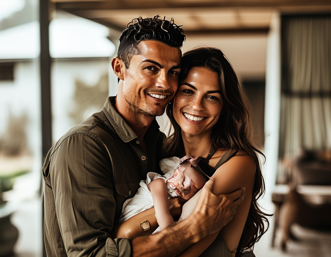 A heartwarming snapshot of Cristiano Ronaldo holding his daughter Alana Martina, with Georgina Rodriguez smiling beside them in a serene home setting, reflecting their strong family bond.
