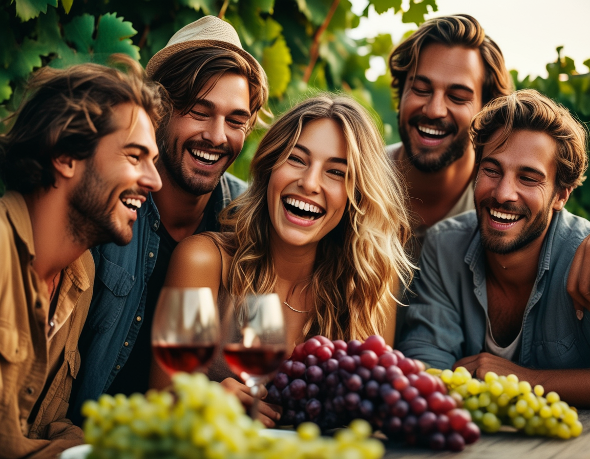 A group of friends joyfully gathered around a table filled with grapes, laughter and excitement in the air as they prepare to eat the grapes together at midnight, symbolizing new beginnings and love.