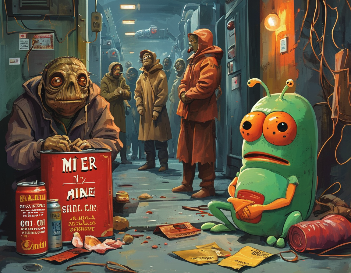 An illustration showing a clock striking midnight on December 31, 1999, with anxious people preparing for potential technology failures, accompanied by tinned meat and humorous Y2K survival kits.