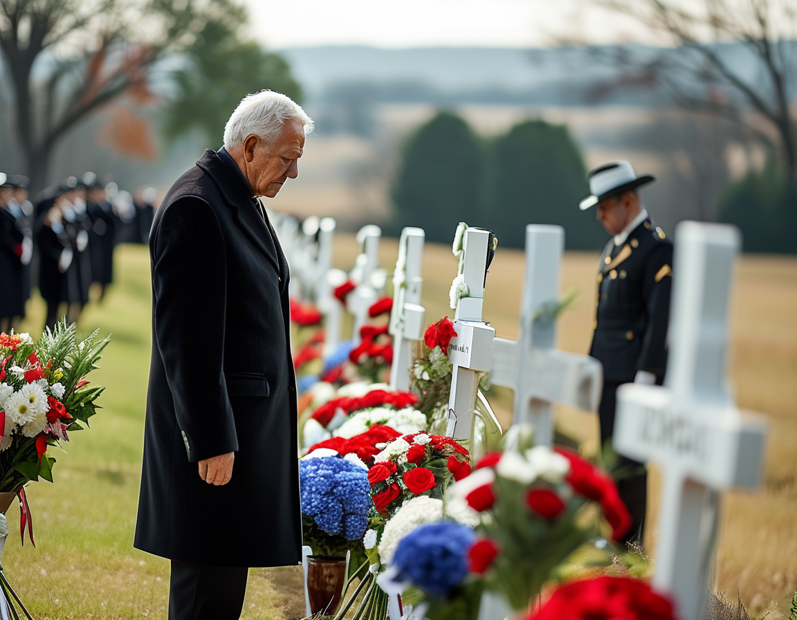 An emotional scene during Jimmy Carter's state funeral, with mourners gathered outside his family farm in Plains, Georgia, holding flowers and reflecting on his legacy.