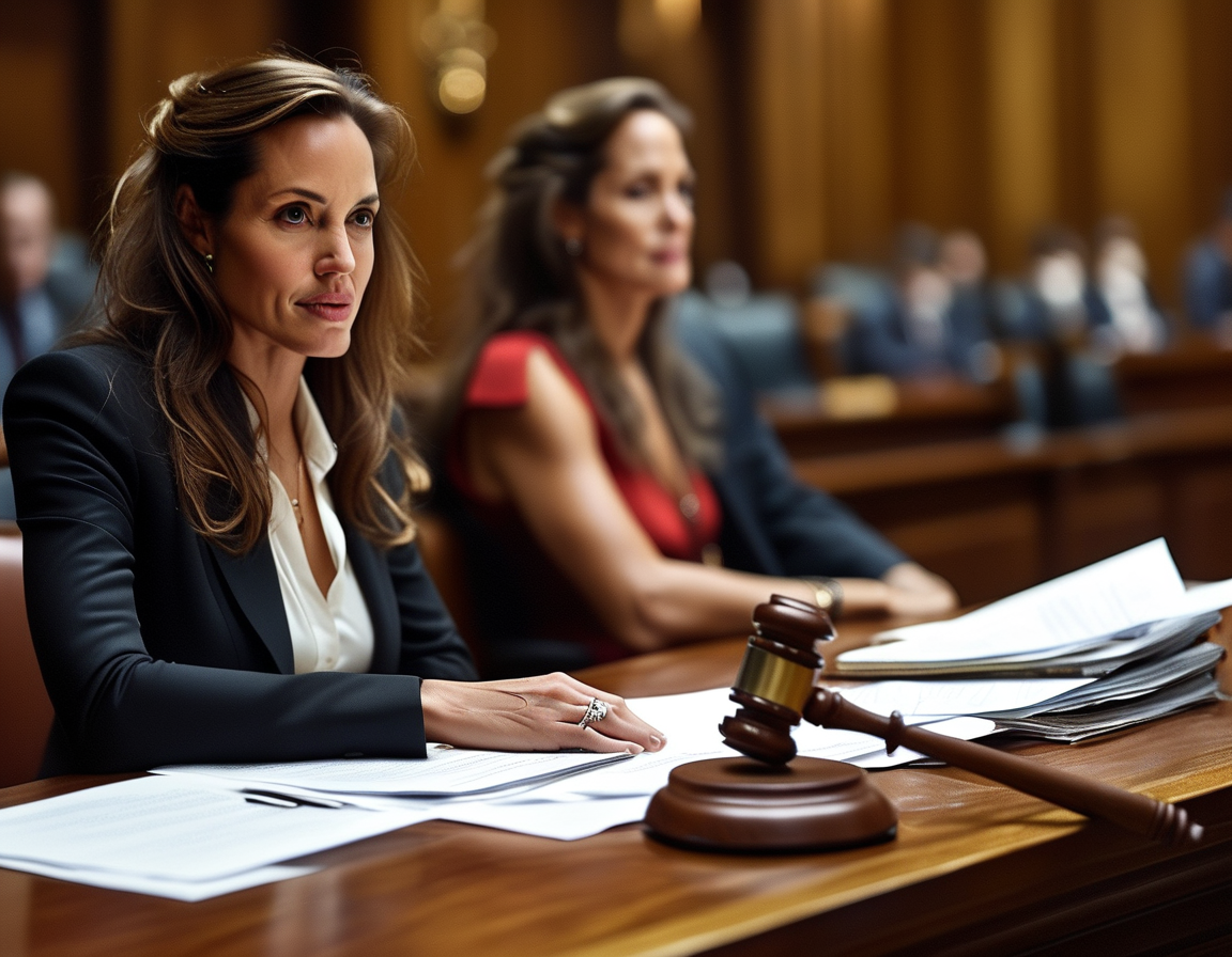 An image depicting a courtroom with blurred figures of Angelina Jolie and Brad Pitt reflecting the long legal battle they faced. Papers and a gavel are present, symbolizing the judicial process they navigated.