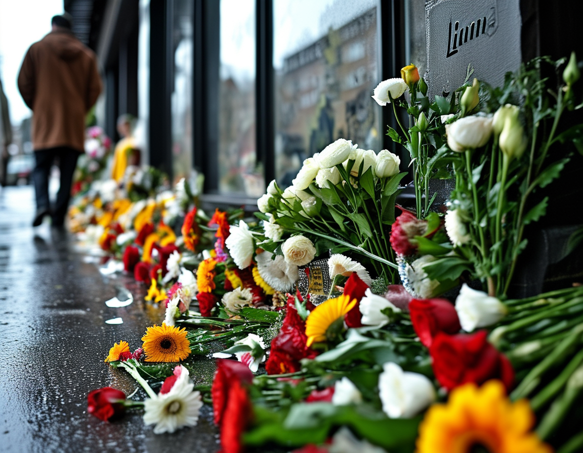 An image depicting a somber scene outside a hotel with flowers laid down in memory of Liam Payne, symbolizing mourning and the impact of his untimely death.