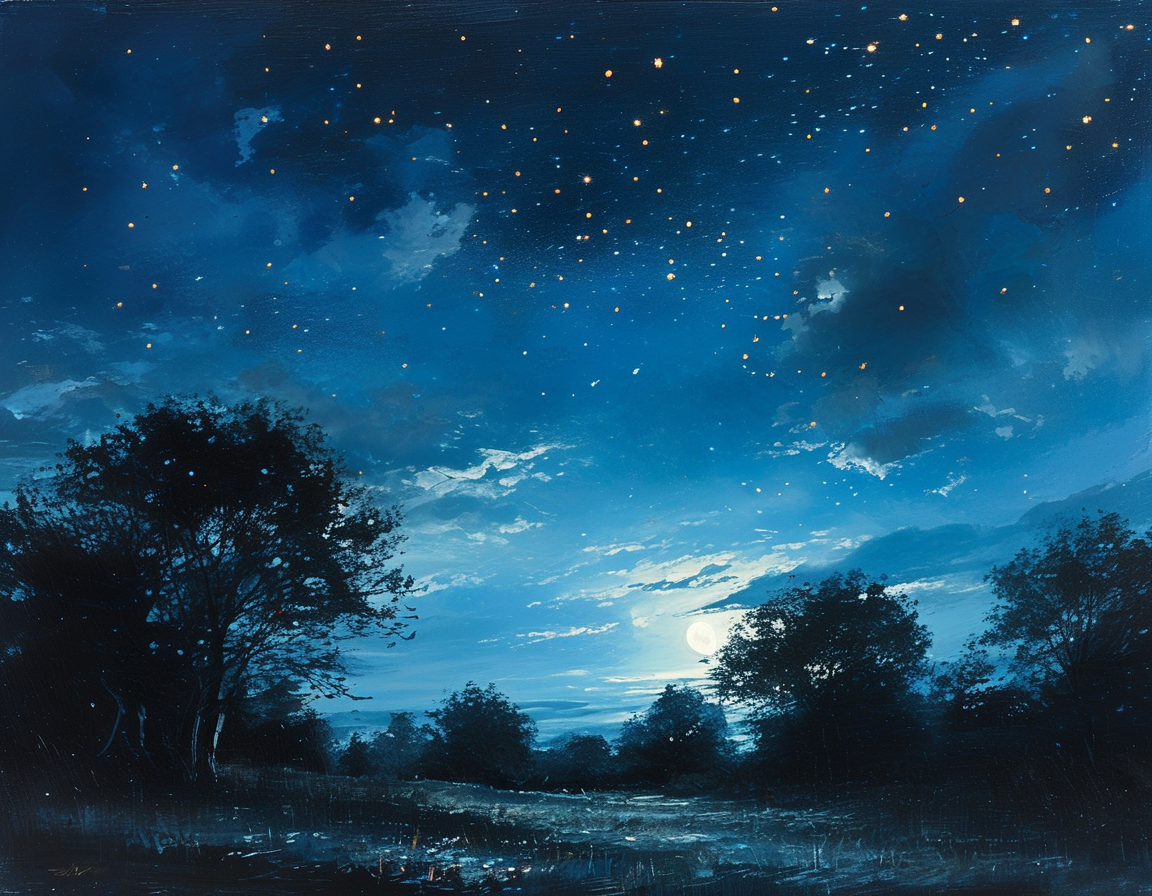 A serene night sky filled with twinkling stars in deep blue hues, showcasing the inky darkness of a Black Moon night with the silhouettes of trees in the foreground.