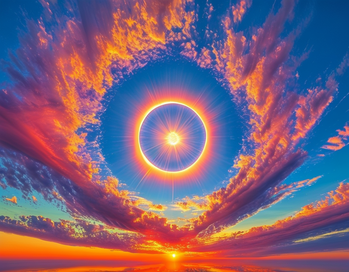 A breathtaking view of a solar halo encircling the sun at sunrise, with vibrant colors radiating through wispy cirrus clouds, creating a majestic display in the sky.