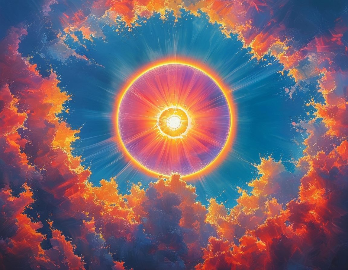 A serene landscape featuring a solar halo, with soft pastels blending into each other as the sun rises, casting a warm glow over a tranquil scene.