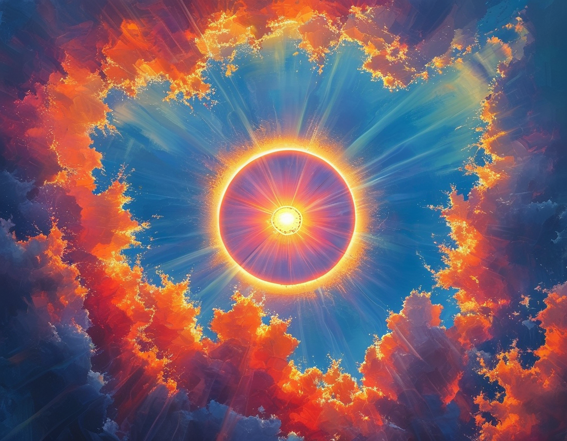A close-up shot of a sun halo, emphasizing the vivid colors and intricate patterns created by the ice crystals in the atmosphere, with hints of clouds in the background.