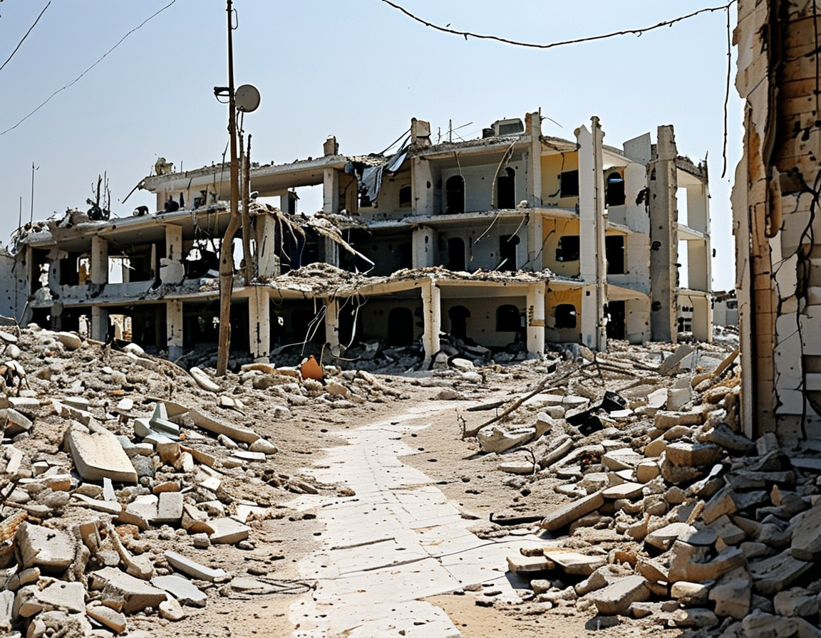 A devastated hospital in northern Gaza, surrounded by rubble, illustrating the dire conditions faced by healthcare providers and patients amidst ongoing conflict.