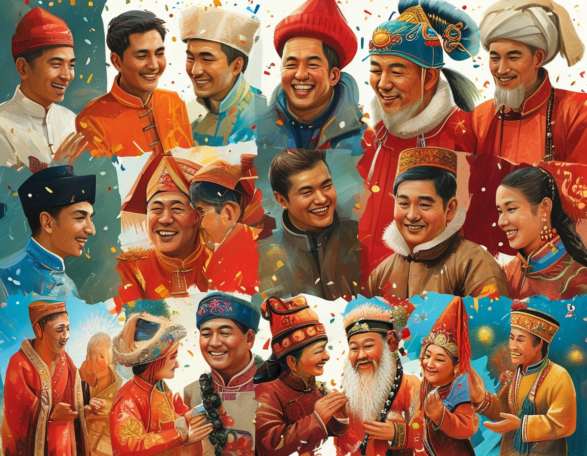 An artistic collage depicting traditional New Year celebrations from various countries, showcasing people from diverse cultures exchanging greetings and festive joy.