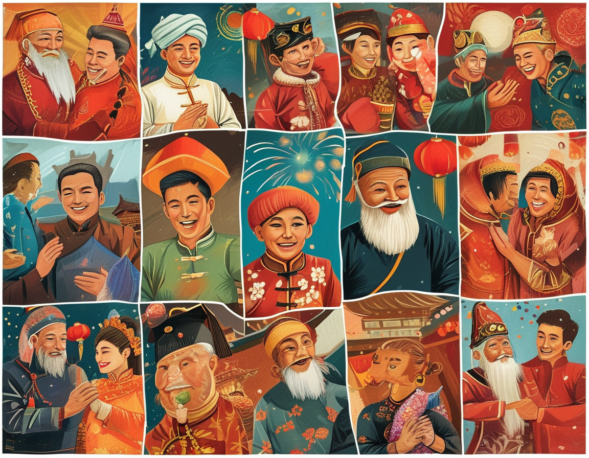 A vibrant scene of a multicultural celebration with fireworks, traditional foods, and people of various backgrounds joyfully exchanging New Year wishes and embraces.