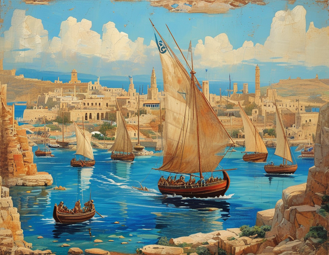 An ancient Mediterranean scene depicting Phoenician mariners navigating a ship, with bustling trade in Carthage shown in the background, illustrating the connections they forged between diverse cultures.